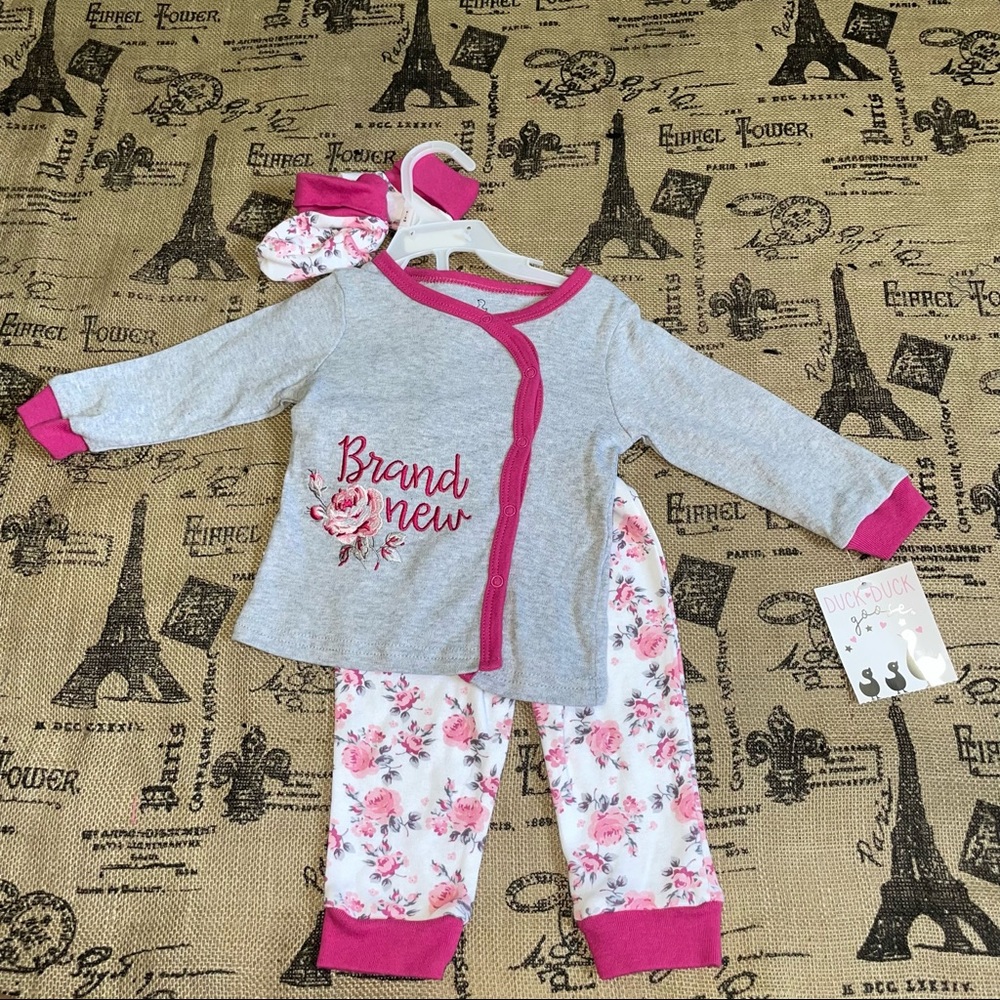 Duck Duck Loose Baby Embroidered Top Floral Print Bottom 3 Pieces
